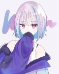  1girl anemone_5628 bare_shoulders blue_hair blunt_bangs brush_stroke covering_mouth hand_over_own_mouth highres jacket lize_helesta lize_helesta_(9th_costume) looking_at_viewer multicolored_hair nijisanji official_alternate_hairstyle purple_eyes purple_jacket short_hair simple_background sleeves_past_fingers sleeves_past_wrists tank_top virtual_youtuber white_background white_hair 