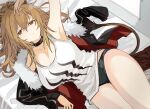  1girl animal_ears arknights arm_up armpits bed bed_sheet black_jacket black_underwear blonde_hair breasts cleavage cowboy_shot fur-trimmed_jacket fur_trim jacket large_breasts lion_ears lion_girl lion_tail long_hair lying on_back ponytail shiduki_eku siege_(arknights) solo studded_choker tail tank_top thighs underwear white_tank_top window yellow_eyes 