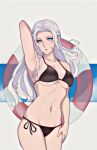  1girl arm_up bikini black_bikini blue_eyes braid breasts final_fantasy final_fantasy_xiv innertube jamjamstyle large_breasts long_hair looking_at_viewer navel side-tie_bikini_bottom single_braid solo swimsuit venat_(ff14) white_hair 