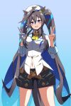  alternate_costume animal_ears belt black_hair blue_background blue_eyes blush breasts cheval_grand_(umamusume) cheval_grand_(umamusume)_(cosplay) commentary_request cosplay double_v gloves hair_between_eyes hair_ornament hat highres horse_ears ishitsuma_canon long_hair looking_at_viewer medium_breasts navel shorts simple_background twintails umamusume uniform v vivlos_(umamusume) 