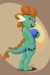  2022 anthro big_breasts biped blue_body breasts butt claws dragon emziko_(oc) female green_body green_eyes green_skin hand_on_butt hand_on_own_butt hasbro head_spikes hi_res holding_breast looking_at_viewer looking_back looking_back_at_viewer multicolored_body my_little_pony nude oniei open_mouth plantigrade pupils rear_view short_stack simple_background slit_pupils smile solo spiked_tail spikes spikes_(anatomy) standing teeth toe_claws tongue two_tone_body 