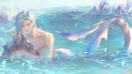  1boy absurdres blue_hair collarbone fins fish_tail green_eyes highres holostars holostars_english long_hair looking_at_viewer mermaid monster_boy monster_girl pointy_ears regis_altare rm-parfait smile solo tail topless_male water 