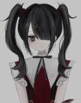  1girl absurdres ame-chan_(needy_girl_overdose) black_hair black_ribbon blood blood_on_weapon closed_mouth collar collared_shirt grey_background grey_eyes hair_ornament hair_over_one_eye hair_tie highres kanau_(u_u_zzx) knife long_hair looking_at_viewer neck_ribbon needy_girl_overdose red_shirt ribbon shirt simple_background solo suspenders twintails upper_body weapon white_collar x_hair_ornament 