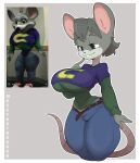  absurd_res anthro buckteeth charles_entertainment_cheese chuck_e._cheese&#039;s_pizzeria clothed clothing crossgender female hi_res mammal mascot mossyartburger mouse mtf_crossgender murid murine rodent shirt teeth thick_thighs topwear 