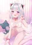  admi_(nikke) ahoge animal_ears bare_legs bare_shoulders barefoot bell blue_hair blush bra breasts cat_cutout cat_ear_panties cat_ears cat_girl cat_lingerie cat_tail choker cleavage_cutout clothing_cutout collarbone frilled_bra frills goddess_of_victory:_nikke grey_hair gucchiann hand_up highres jingle_bell looking_at_viewer medium_breasts meme_attire multicolored_hair neck_bell open_mouth panties paw_pose purple_eyes red_choker side-tie_panties sitting streaked_hair stuffed_animal stuffed_cat stuffed_toy tail underwear underwear_only wariza white_bra white_panties 