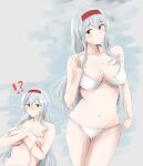  1girl absurdres bikini breasts cleavage domudomuunadon grey_hair hachimaki headband highres kantai_collection large_breasts long_hair multiple_views navel orange_eyes shoukaku_(kancolle) solo swimsuit underboob upper_body white_bikini 