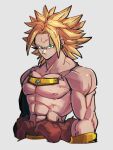  1boy abs aqua_eyes blonde_hair broly_(dragon_ball_z) closed_mouth dragon_ball dragon_ball_z grey_background kemachiku looking_at_viewer male_focus muscular muscular_male nipples saiyan short_hair simple_background solo super_saiyan topless_male 