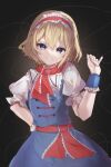  1girl absurdres alice_margatroid blonde_hair blue_dress commentary dress grey_eyes hair_between_eyes hairband hayuk0 highres jewelry lolita_hairband looking_at_viewer open_mouth puppet_rings puppet_strings red_hairband ring short_hair short_sleeves smile solo touhou upper_body 