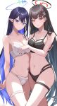  2girls absurdres ahoge alternate_costume asymmetrical_docking bare_arms bare_shoulders black_bra black_hair black_panties blue_archive blue_eyes blue_hair blue_halo blush bra breast_press breasts closed_mouth collarbone colored_inner_hair frilled_panties frills glasses hair_between_eyes hair_ornament halo highres lace-trimmed_bra lace_trim large_breasts lingerie long_hair looking_at_viewer multicolored_hair multiple_girls navel panties parted_lips pointy_ears red_eyes rin_(blue_archive) rio_(blue_archive) sakasa._(sakasailst) simple_background stomach thigh_strap thighs underwear underwear_only very_long_hair white_background white_bra white_panties wings 