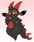  2022 ambiguous_gender anthro black_body chikn_nuggit claws denzeltip dragon fwench_fwy_(chikn_nuggit) gradient gradient_background half-closed_eyes hi_res looking_at_viewer narrowed_eyes pupils red_claws red_pupils simple_background solo tagme thick_thighs yellow_sclera 