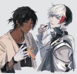  2boys arknights black_hair black_shirt coat commentary cropped_torso dark-skinned_male dark_skin earphones earrings elysium_(arknights) feather_earrings feathers gloves grey_background highres holding holding_earphones holding_test_tube jacket jewelry labcoat long_sleeves looking_at_viewer multicolored_hair multiple_boys necklace orange_hair ponytail red_hair serious shirt short_hair short_ponytail simple_background streaked_hair test_tube thorns_(arknights) tokeru two-tone_hair upper_body white_coat white_gloves white_hair white_jacket 