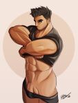  1boy abs bara beard_stubble black_hair black_male_underwear chris_(moo_fino) clothes_lift half-erect highres huge_eyebrows lifted_by_self lucas_lee male_focus male_underwear male_underwear_pull muscular muscular_male navel penis penis_peek pubic_hair scott_pilgrim_takes_off shirt shirt_lift short_hair short_sleeves sideways_glance solo sparse_pubic_hair t-shirt underwear undressing 