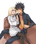  1boy 1girl :d ascot black_hair black_jacket black_pants black_pantyhose blonde_hair blue_eyes brown_shirt collared_jacket commentary_request couch crossed_legs dress eye_contact hand_on_another&#039;s_chin highres index_finger_raised jacket kamijou_touma leivinia_birdway long_sleeves looking_at_another medium_hair nanaheibei_3 on_couch pants pantyhose shirt short_dress sitting sitting_on_lap sitting_on_person smile spiked_hair toaru_majutsu_no_index white_ascot white_background white_dress 