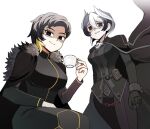  2girls artist_request bad_id bad_pixiv_id binah_(project_moon) black_cape black_eyes black_gloves black_hair black_jacket black_pants blonde_hair breasts cape chain closed_mouth crossover cup empty_eyes fur_trim gloves hair_between_eyes holding holding_cup jacket lobotomy_corporation looking_at_viewer made_in_abyss mole mole_under_eye multicolored_hair multiple_girls ozen pants pouch project_moon shaded_face short_hair simple_background smile teacup two-tone_hair white_background white_hair 