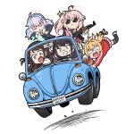  5girls after-school_sweets_club_(blue_archive) ahoge airi_(blue_archive) ak-47 animal_ears assault_rifle black_hair black_jacket black_neckerchief black_thighhighs blonde_hair blue_archive blue_hair buttons car cat_ears clenched_teeth closed_eyes closed_mouth colored_inner_hair convertible driving green_eyes green_halo gun hair_ornament halo highres holding holding_gun holding_weapon hood hooded_jacket jacket kalashnikov_rifle kazusa_(blue_archive) long_hair motor_vehicle multicolored_hair multiple_girls natsu_(blue_archive) neckerchief open_mouth pink_eyes pink_hair pink_halo red_jacket red_neckerchief reisa_(blue_archive) rifle sailor_collar short_hair side_ponytail simple_background star_(symbol) star_hair_ornament steering_wheel sunglasses teeth thighhighs track_jacket twintails volkswagen_beetle washin weapon white_background white_sailor_collar yellow_halo yoshimi_(blue_archive) 