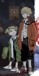  1boy 1girl black_bow black_necktie black_pants blonde_hair blood blood_on_clothes blood_on_face blood_on_wall blood_splatter bow brother_and_sister chainsaw_man closed_mouth coat commentary_request cosplay cross-shaped_pupils denji_(chainsaw_man) denji_(chainsaw_man)_(cosplay) dress_shirt english_commentary expressionless full_body fur-trimmed_hood fur_trim green_jacket grey_eyes hair_bow hands_in_pockets heel_pop highres holding_another&#039;s_arm hood hood_down horns jacket jitome karen_mccormick kenny_mccormick light_smile long_sleeves look-alike looking_at_another looking_at_viewer loose_necktie mixed-language_commentary multiple_hair_bows necktie necktie_over_shoulder no_socks open_clothes open_coat open_shirt orange_coat oversized_clothes pants pants_rolled_up parody poster_(object) power_(chainsaw_man) power_(chainsaw_man)_(cosplay) pull_cord scar scar_on_chest shirt shirt_partially_tucked_in shoes short_hair short_twintails siblings signature sleeves_past_fingers sleeves_past_wrists sneakers south_park standing symbol-shaped_pupils twintails uefuatoq wanted white_shirt 