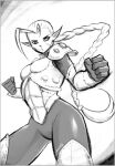  1girl armor bodysuit braid breastplate crossover eldar fighting_stance greyscale howling_banshee lutherniel monochrome pointy_ears shoulder_armor skin_tight street_fighter warhammer_40k 