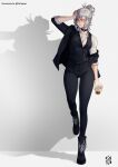  1girl against_wall alcohol boots breasts choker commentary commission cup english_commentary grey_hair hair_bun holding holding_cup iskaydi medium_breasts original shadow sleeves_rolled_up solo standing standing_on_one_leg suit suit_jacket vest watermark 
