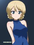  1girl alternate_costume arms_behind_back artist_name black_background blonde_hair blue_eyes blue_one-piece_swimsuit braid closed_mouth commentary covered_navel darjeeling_(girls_und_panzer) dated girls_und_panzer halterneck highres looking_at_viewer naotosi one-piece_swimsuit school_swimsuit short_hair smile solo swimsuit twin_braids upper_body 