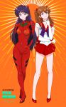  2girls absurdres back_bow bishoujo_senshi_sailor_moon black_hair blue_eyes bow brown_hair choker color_connection cosplay crossover earrings elbow_gloves full_body gloves high_heels highres hino_rei interface_headset jewelry looking_at_viewer magical_girl miniskirt multiple_girls neon_genesis_evangelion orange_background pleated_skirt plugsuit purple_eyes red_choker red_sailor_collar red_skirt sailor_collar sailor_mars sailor_mars_(cosplay) sailor_senshi_uniform skirt souryuu_asuka_langley souryuu_asuka_langley_(cosplay) star_(symbol) star_earrings tiara trait_connection tsunemoku 