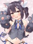  1girl animal_ear_fluff animal_ears animal_hands bare_shoulders bell black_hair black_panties blue_ribbon blush breasts brown_eyes cat_ears cat_tail collarbone fake_animal_ears fate/kaleid_liner_prisma_illya fate_(series) feather_hair_ornament feathers gloves grey_gloves grey_vest hair_ornament hairclip highres jingle_bell long_hair looking_at_viewer miyu_edelfelt miyu_edelfelt_(beast_style) mochi_(k620803n) navel neck_ribbon open_mouth panties paw_gloves ribbon small_breasts solo tail twintails underwear vest 