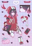  1girl absurdres ame-chan_(needy_girl_overdose) animal_hood bag bandaid between_legs black_bag black_hair bow cat cellphone character_doll commentary demon_wings full_body hair_down hair_ornament hair_over_one_eye hand_between_legs hand_up haneul_(csky) heart highres hood hood_up hoodie long_sleeves looking_at_viewer multiple_views needy_girl_overdose o-ring o-ring_thigh_strap official_alternate_costume phone pill pill_bottle purple_eyes rabbit_hood red_hoodie red_nails shoulder_bag sitting smartphone sparkle syringe thigh_strap wand wariza white_bow window_(computing) wings x_hair_ornament yami_kawaii 