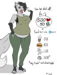  3:4 anthro belly big_belly bra breasts canid canine canis cleavage clothed clothing english_text female fur grey_body grey_fur hi_res loleczeq mammal open_mouth overweight overweight_female shirt solo solo_focus sweatpants tail tank_top text topwear underwear wolf 