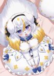  2023 anthro blonde_hair blush breasts canid canine canis clothed clothing digital_media_(artwork) domestic_dog female female_anthro fingers floppy_ears fur hair hi_res horokusa0519 kemono looking_at_viewer mammal monster_musume_td solo white_body white_fur white_hair 
