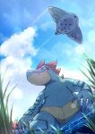  blue_skin blue_sky claws closed_mouth cloud colored_skin fangs fangs_out feraligatr flying grass highres kotobukkii_(yt_lvlv) open_mouth outdoors partially_submerged pokemon red_eyes shallow_water sideways_glance sky standing sunlight togekiss water yellow_skin 