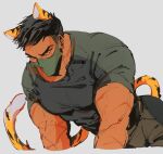  1boy all_fours animal_ears bara black_hair brown_pants call_of_duty:_modern_warfare_2 covered_abs cropped_legs dark-skinned_male dark_skin frown highres horangi_(modern_warfare_2) kemonomimi_mode large_pectorals male_focus mask mouth_mask muscular muscular_male pants pectorals satt_(06satt) scar scar_on_arm scar_on_face scar_on_forehead scar_on_neck shirt short_hair sideburns solo tail tiger_boy tiger_ears tiger_tail tight tight_shirt too_many_scars 
