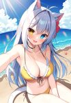  1girl :d aina_rive animal_ear_fluff animal_ears bare_arms bare_shoulders beach bikini blue_eyes blue_sky breasts cat_ears cat_girl cat_tail cleavage cloud collarbone commentary_request day flower frilled_bikini frills grey_hair hair_between_eyes hair_flower hair_intakes hair_ornament heterochromia hibiscus horizon large_breasts long_hair looking_at_viewer mauve navel ocean original outdoors red_flower sand sitting sky smile solo starfish sunlight swimsuit tail very_long_hair water yellow_bikini yellow_eyes 