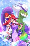  1girl absurdres arm_behind_back blue_eyes breasts china_dress chinese_clothes colored_sclera dress highres horns looking_at_viewer ngo_(ngo_hotategoya) official_alternate_costume pokemon pokemon_(creature) pokemon_(game) pokemon_masters_ex purple_dress red_hair skyla_(anniversary_2022)_(pokemon) skyla_(pokemon) sleeveless sleeveless_dress smile standing tail tornadus tornadus_(therian) yellow_sclera 