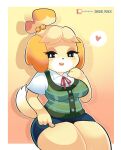  &lt;3 3_fingers absurd_res accessory animal_crossing anthro bell big_breasts black_nose blush bottomwear breasts canid canine canis clothed clothing digital_media_(artwork) domestic_dog eyelashes female fingers fur hair hair_accessory hair_bell half-closed_eyes hand_on_shoulder hi_res isabelle_(animal_crossing) mammal narrowed_eyes nintendo onigiri_punch open_mouth open_smile poking poking_leg poking_thigh ribbons shih_tzu shirt simple_background sitting skirt smile solo speech_bubble sweater sweater_vest tail teeth thick_thighs tongue topwear toy_dog vest white_clothing white_shirt white_topwear yellow_body yellow_fur 
