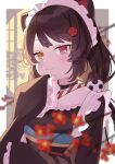  1girl :3 animal_ears black_choker black_hair black_kimono blush choker dog_ears dog_girl heterochromia inui_toko inui_toko_(1st_costume) japanese_clothes kimono low_twintails maid_headdress nijisanji rakkyo_ex red_eyes sleeves_past_fingers sleeves_past_wrists solo swept_bangs twintails virtual_youtuber yellow_eyes 