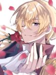  1boy ascot blonde_hair closed_mouth collar commentary eiyuu_densetsu epaulettes flower hair_between_eyes long_hair looking_at_viewer male_focus natsusechoco olivert_reise_arnor one_eye_closed petals purple_eyes red_collar red_flower red_rose rose rose_petals sen_no_kiseki simple_background solo sora_no_kiseki symbol-only_commentary upper_body white_ascot white_background 