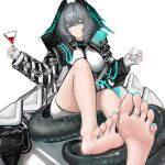  1girl absurdres aqua_eyes aqua_nails arknights bare_legs barefoot black_jacket breasts closed_mouth cocktail_glass cup drinking_glass feathered_wings feet fingerless_gloves foot_focus foreshortening gloves grey_hair hair_between_eyes head_wings highres ho&#039;olheyak_(arknights) holding jacket jewelry knee_up large_breasts legs lizard_tail looking_at_viewer nail_polish shadow simple_background sitting smile snake_tail soles solo suiryuu_(18559651) tail thighs toe_ring toenail_polish toenails toes white_background white_jacket wings 