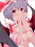  1girl bat_wings closed_mouth commentary_request dress hands_on_own_face hat hat_ribbon highres looking_at_viewer mob_cap pink_dress pink_headwear purple_hair red_eyes red_ribbon remilia_scarlet ribbon shiroi_karasu short_hair short_sleeves simple_background smile solo touhou white_background wings 