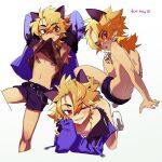  1boy absurdres animal_ears bandages black_choker black_ears blonde_hair camouflage camouflage_shirt cat_ears choker clothes_lift covered_nipples earrings fangs fur_trim highres indie_virtual_youtuber jacket jewelry kainen looking_at_viewer male_focus midriff navel one_eye_closed otoko_no_ko purple_jacket red_eyes shirt shirt_lift shorts socks solo stomach u0rei 