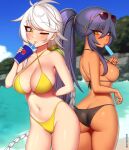  2girls arm_behind_back artist_name ass ass_visible_through_thighs back beach bikini blush braid braided_ponytail breasts chinatsu_(kuroonehalf) closed_mouth collarbone commission contrapposto cowboy_shot criss-cross_halter crossover dark_skin drink drinking_straw eyewear_on_head food hair_between_eyes halterneck highleg highleg_bikini kantai_collection kuroonehalf large_breasts multiple_girls navel ocean one_eye_closed original ponytail popsicle purple_hair sideboob smile strap_gap sunglasses swept_bangs swimsuit tsurime unryuu_(kancolle) white_hair yellow_eyes 