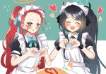  2girls :d ^_^ absurdly_long_hair alternate_costume apron aris_(maid)_(blue_archive) black_hair blue_archive bow closed_eyes commentary_request enmaided flying_sweatdrops food forehead hair_between_eyes hair_bow hair_ribbon halo heart heart_hands highres jin_ne_kung long_hair looking_at_viewer maid maid_apron maid_headdress moe_moe_kyun! multiple_girls official_alternate_costume official_alternate_hairstyle omelet omurice parted_bangs parted_lips plate ponytail purple_eyes red_hair ribbon short_sleeves sidelocks simple_background smile very_long_hair yuzu_(maid)_(blue_archive) 