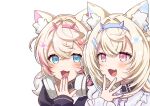 2girls animal_collar animal_ear_fluff animal_ears bandaid_hair_ornament black_collar blonde_hair blue_eyes blue_hair blue_hairband breasts collar commentary crossed_bangs dog_ears dog_girl double-parted_bangs fake_horns fang fuwawa_abyssgard hair_between_eyes hair_intakes hair_ornament hairband hairclip hololive hololive_english horns kimoi_girls_(meme) large_breasts long_hair meme mococo_abyssgard multicolored_hair multiple_girls open_mouth pink_eyes pink_hair pink_hairband short_hair siblings sisters skin_fang streaked_hair textless_version torinokawori twins two_side_up virtual_youtuber x_hair_ornament 