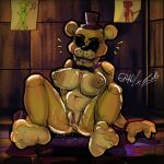  animatronic anthro anus areola bear big_breasts black_sclera bodily_fluids bow_tie breasts brown_areola brown_nipples clothing crossgender eyelashes female five_nights_at_freddy&#039;s fur galozero3000 genital_fluids genitals golden_freddy_(fnaf) hat headgear headwear hi_res limantequilla machine mammal navel nipples nude open_mouth pink_anus pink_pussy purple_bow_tie purple_top_hat pussy pussy_juice robot scottgames sitting solo spread_legs spreading sweat sweatdrop thick_thighs top_hat white_eyes wide_hips yellow_body yellow_fur 