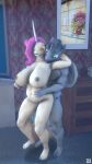  2023 3d_(artwork) 9:16 alternate_color amber_eyes anthro anthro_on_anthro anthrofied areola barely_visible_genitalia belly big_breasts biped breasts digital_media_(artwork) duo equid equine fan_character female genitals grey_areola grey_body grey_hair grey_nipples hair hi_res horn huge_breasts male male/female mammal navel nipples nude oleander_(tfh) pegasus pink_hair plantigrade tfc0234 them&#039;s_fightin&#039;_herds unicorn white_body wings 