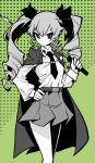  1girl akableak anchovy_(girls_und_panzer) cape closed_mouth collared_shirt drill_hair expressionless girls_und_panzer greyscale_with_colored_background hair_ribbon hand_on_own_hip highres holding_riding_crop long_hair long_sleeves looking_at_viewer necktie pleated_skirt ribbon riding_crop shirt skirt solo twin_drills 