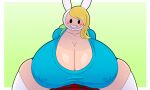  adventure_time anthro backpack big_breasts blonde_hair blue_clothing blue_topwear blush bottomwear breasts cartoon_network clothed clothing digital_media_(artwork) female fionna_the_human green_backpack hair headgear headwear hi_res huge_breasts human humanoid hyper legwear looking_at_viewer mammal nipples not_furry shirt simple_background smile solo stockings thiccbuns thigh_highs topwear 