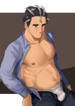  1boy :/ alternate_pectoral_size bara bare_pectorals belly black_hair blush bulge collared_shirt grey_hair highres large_pectorals larry_(pokemon) long_sleeves male_focus male_underwear mature_male multicolored_hair navel navel_hair niichi_(niichi21) nipples open_pants pants pectorals plump pokemon pokemon_(game) pokemon_sv shirt short_hair solo sparse_chest_hair streaked_hair thick_eyebrows two-tone_hair underwear white_male_underwear 