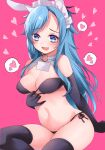  1girl :d \||/ animal_ears arm_support bare_shoulders bikini black_thighhighs blue_eyes blue_hair blush bra bra_pull breasts clothes_pull covered_nipples elbow_gloves fake_animal_ears fang feet_out_of_frame gloves heart heart-shaped_pupils highres himemushi_momoyo long_hair looking_at_viewer maid_headdress medium_breasts meimei_(meimei89008309) navel open_mouth pink_background simple_background sitting smile solo spoken_heart swept_bangs swimsuit symbol-shaped_pupils teeth thighhighs touhou underwear upper_teeth_only very_long_hair 