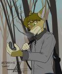  anthro brown_hair canid canine canis clothing commandercross compass coyote eric_cross green_eyes hair hi_res hunting jacket male mammal rifle_sling solo topwear winter 