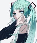  1girl aqua_eyes aqua_hair detached_sleeves expressionless hair_between_eyes hatsune_miku highres izmtyan long_hair long_sleeves looking_at_viewer nail_polish necktie shirt sleeveless sleeveless_shirt solo twintails upper_body very_long_hair vocaloid white_shirt 