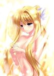  1girl air_(visual_novel) blonde_hair blue_eyes blush bow breasts cleavage closed_mouth commentary_request completely_nude curvy eyelashes eyes_visible_through_hair floating_hair hair_between_eyes hair_bow half-closed_eyes hands_up interlocked_fingers kamio_misuzu large_breasts light_particles lips long_hair looking_down navel nude one-hour_drawing_challenge own_hands_together ponytail shiny_skin simple_background single_hair_intake smile solo sparkle stomach upper_body very_long_hair white_bow yellow_background zen_(kamuro) 